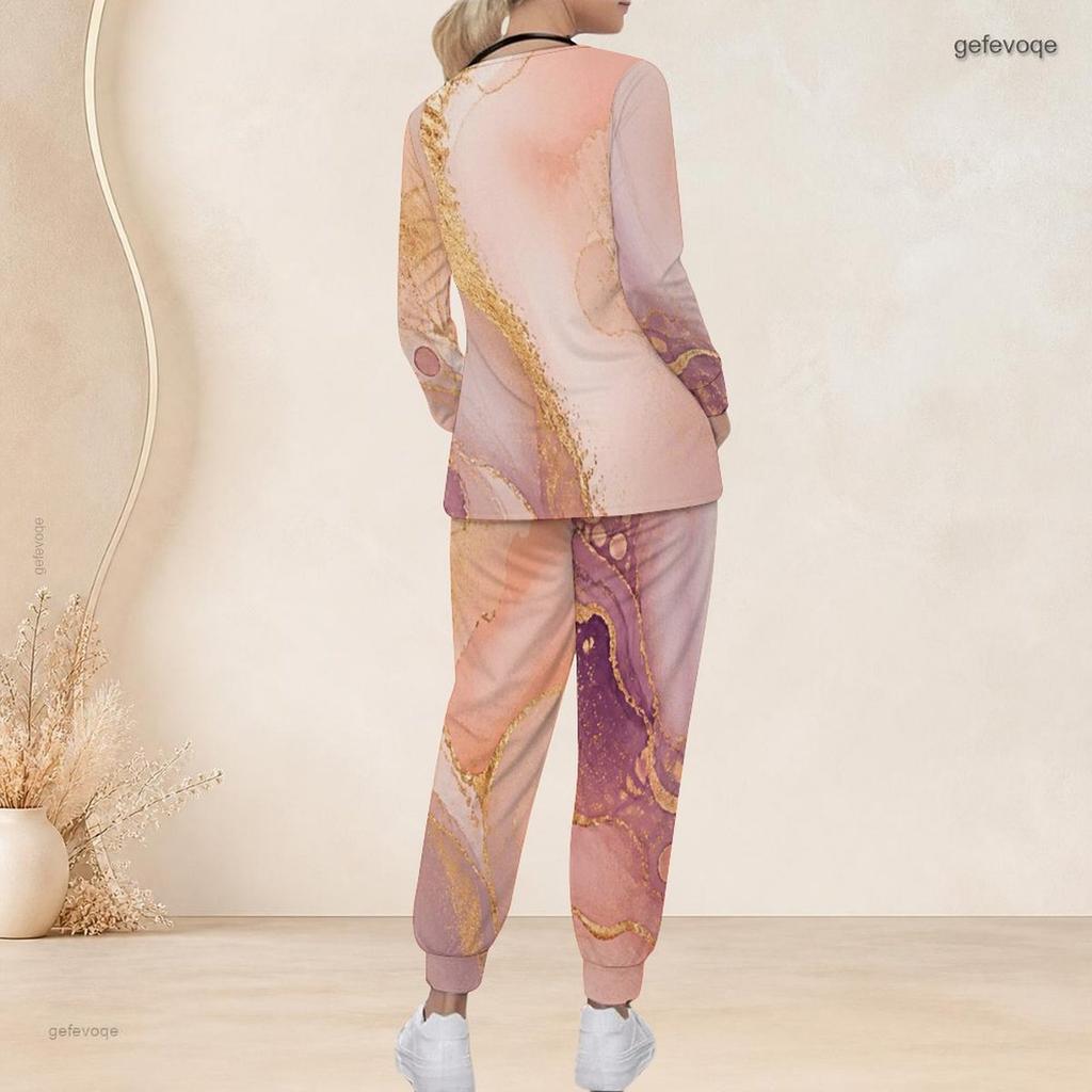 Women Plus Size Pink Printed Nurse Scrub Set V Neck Long Sleeve Pocket Top And Long Pants