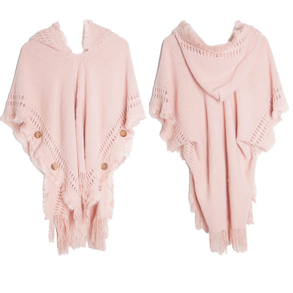 Damen Neue Europäische Und Amerikanische Frühling Und Herbst Winter Plus Größe Gestrickte Pullover Mit Knopf Und Kapuze Cape Schal