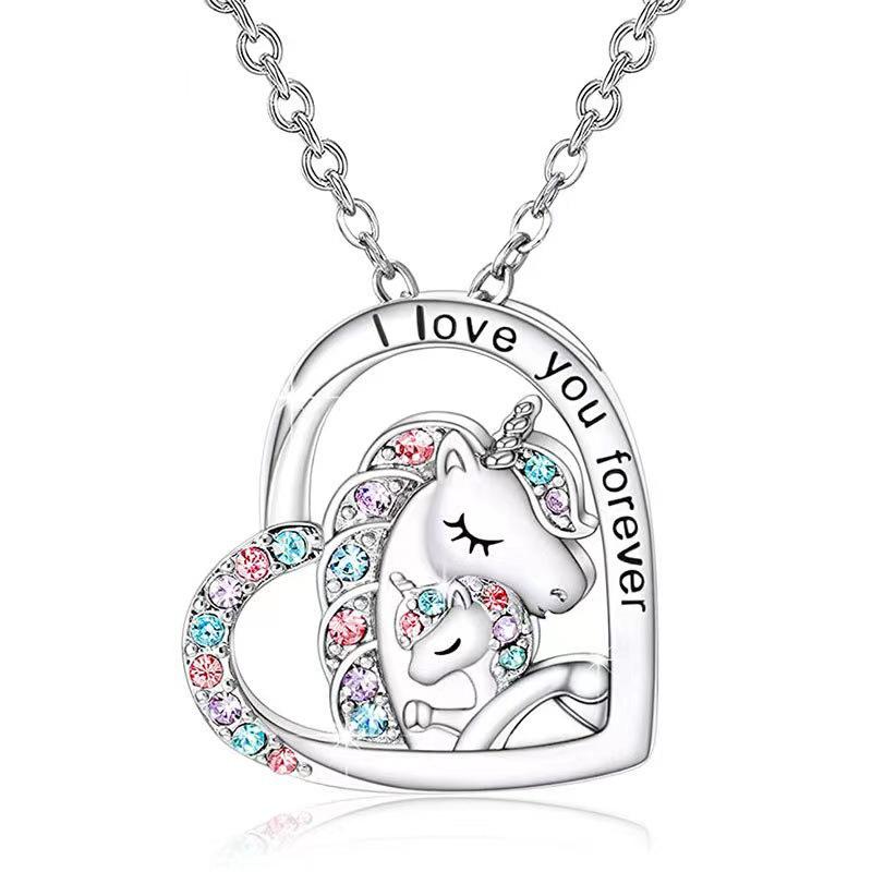 Unicorn Seven-Color Heart Rhinestone Pendant Necklace платиновый