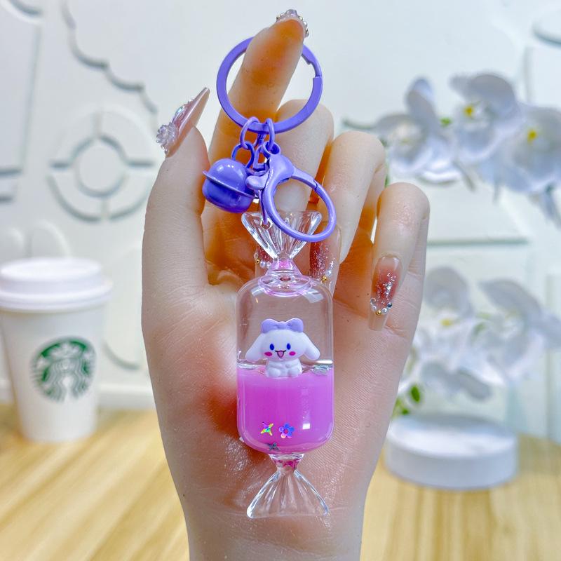 Lila Stern Flüssiger Treibsand Schlüsselanhänger mit Kirschblüten Öl-gefülltem Anhänger - Niedlicher 3D Rucksackanhänger für Frauen