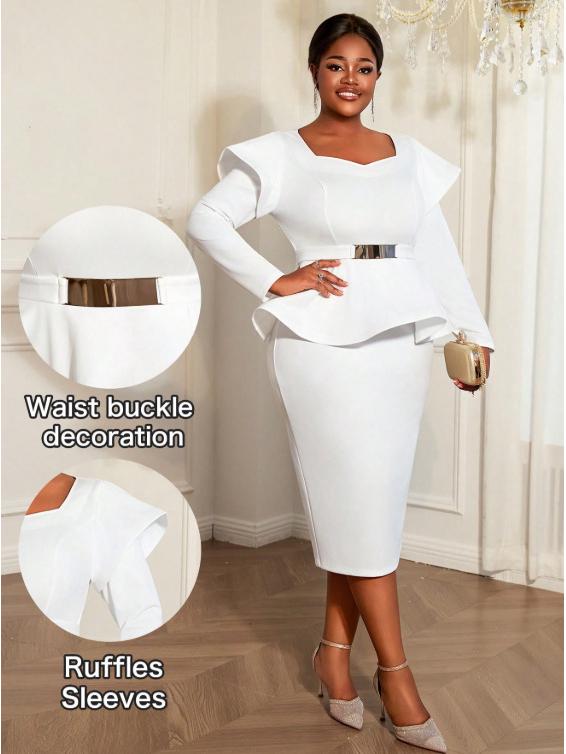 Plus Size Women's Ruffle Sleeve Two-Piece Look Waist-Cinched Dress with Metal Buckle