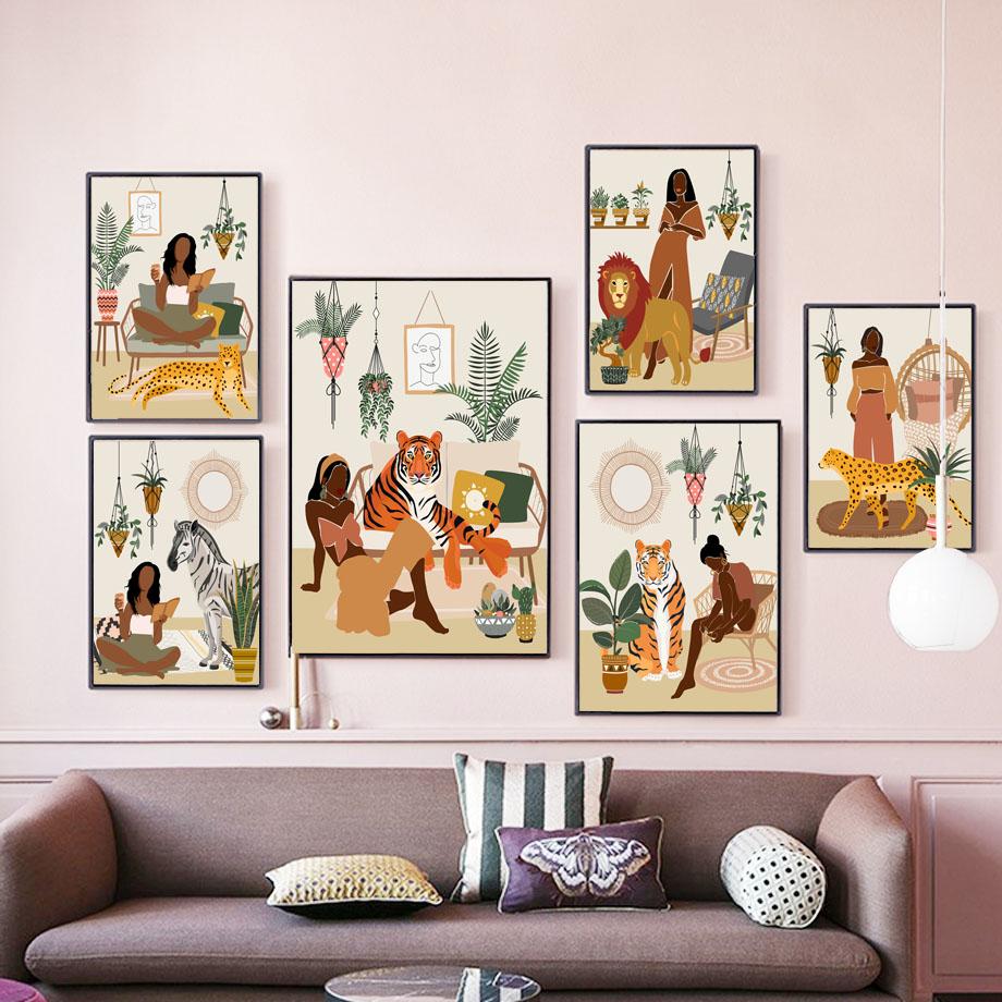 

Печать настенной картины для гостиной и бохо Африканская девушка Домашнее животное Тигр Гепард Зебра Настенное искусство Холст Живопись Скандинавский плакат