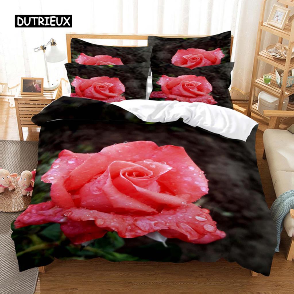 Povlečení červená růže Povlak na přikrývku/přikrývku Pouzdro na polštář 3D HD Double Full King Queen Twin Single 3/2KS Polyester Povlak na přikrývku