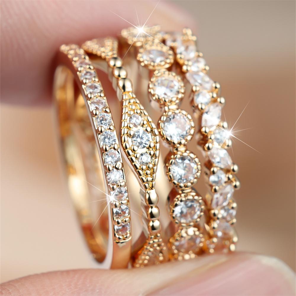 s/Set Geometric Crystal White Zircon Small Stone Ring Sets For Women Vintage Gold Color Engagement Bands Wedding Jewelry Gift