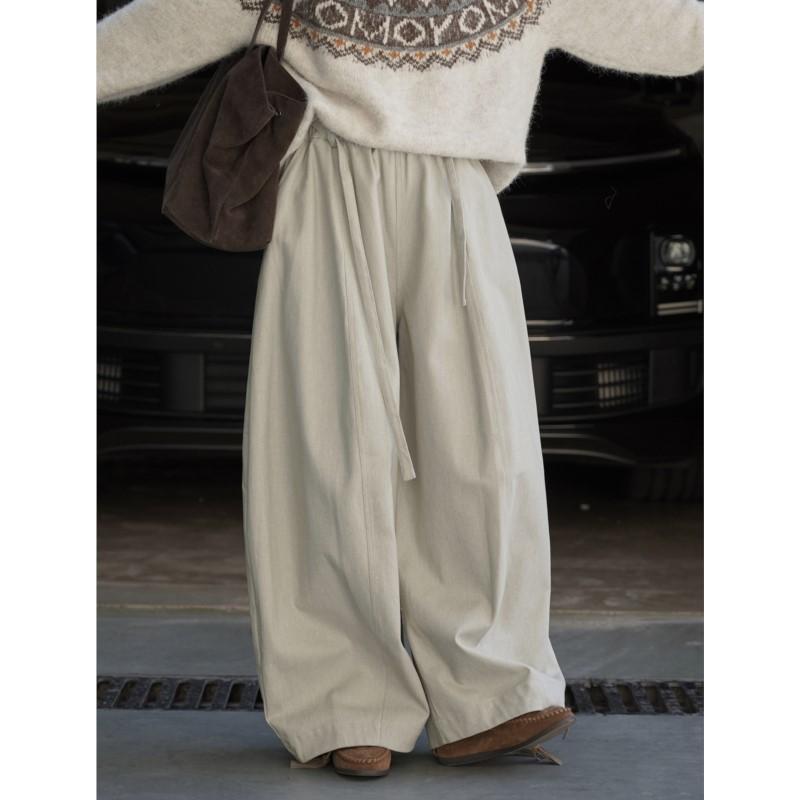 Johnature Winter Korean Style Retro Simple Elastic Waist Fleece Casual Wide-Leg Pants For Women Fashion Full Length Pants