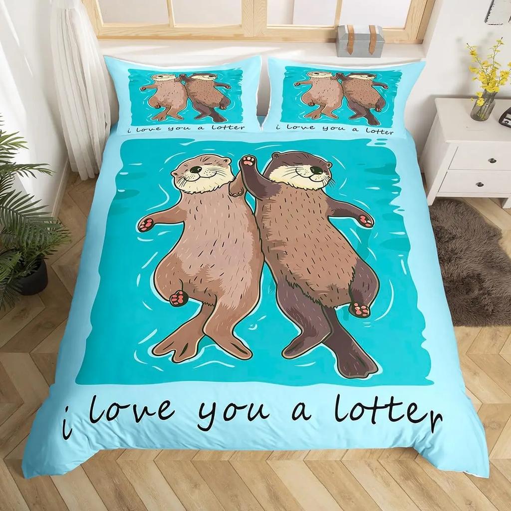 Cute Cartoon Animal Print Comforter Cover Sets Sea Otter Duvet Cover Set Ocean Creature Otter Toddler Soft Polyester Bedding Set