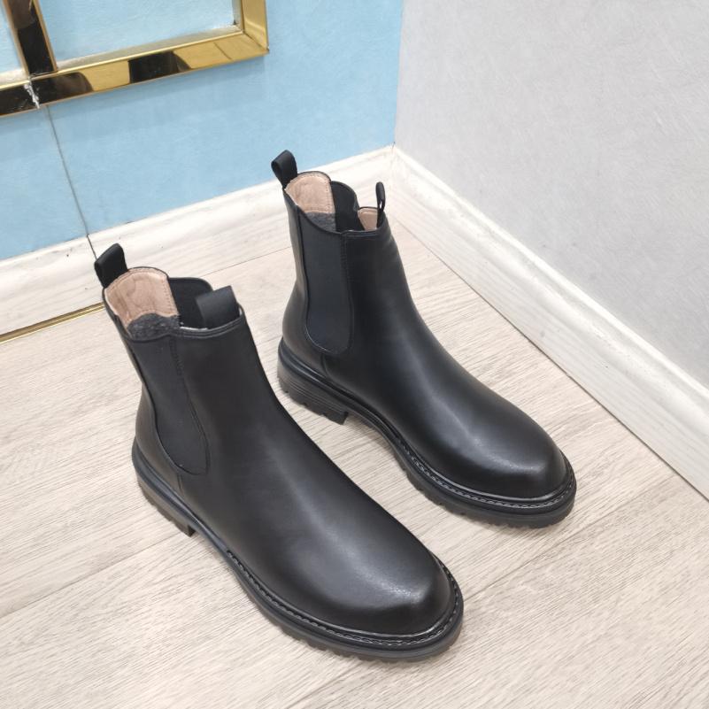 FOREADA Women Genuine Leather Chelsea Boots Round Toe Thick Mid Heels Platform Short Boots Ladies Fashion Shoes Autumn Winter Black