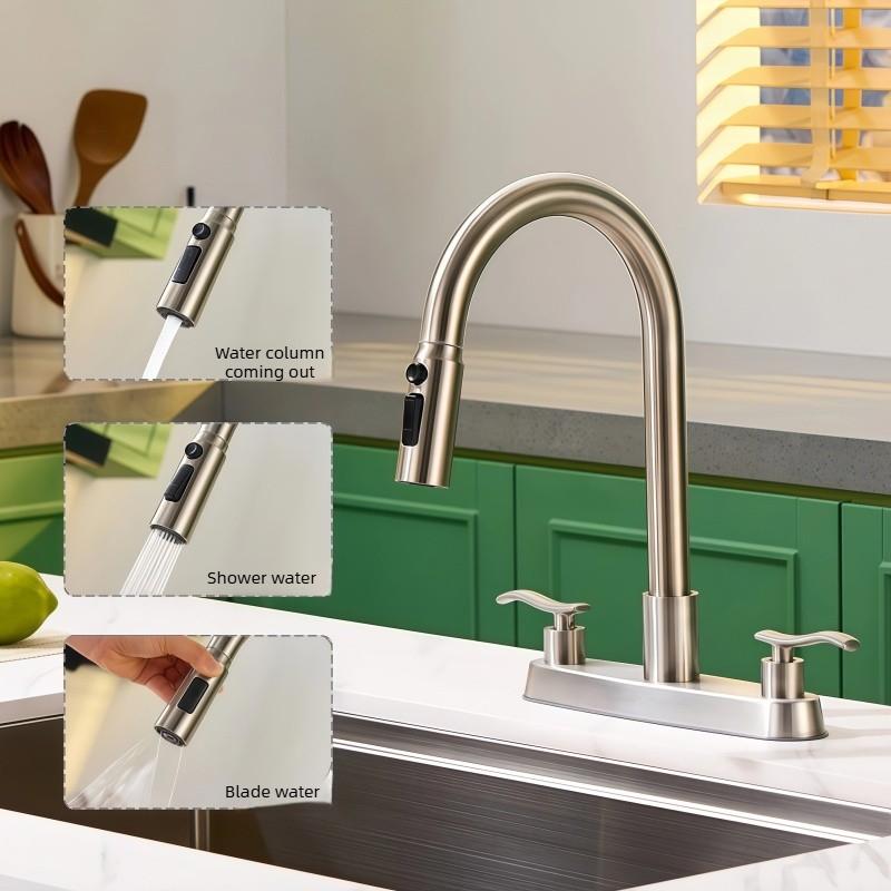 304 Stainless Steel Faucet Hot and Cold Kitchen 8inch Dual Hole Dual Handle Pull-Out Faucet Kitchen Sink