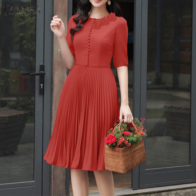 ZANZEA Women Casual Round Neck Summer Short Sleeve Pleated Dress