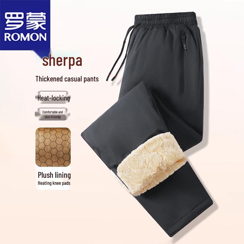 ROMON Men's Autumn/Winter Plush Lined Loose Straight-Leg Casual Pants