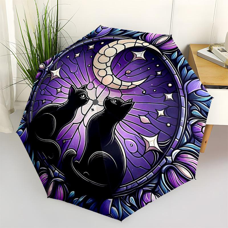 1 Stück Buntglas Katzen Mond Sterne Automatisches Öffnen Schließen Regenschirm, Tragbares Dreifach faltbares Design mit 8-Speichen Eisenrahmen, Outdoor für Fans, Reisende, Tägliche Nutzung, F