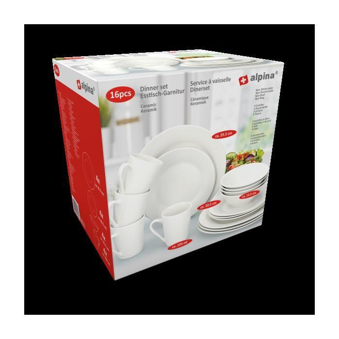 Service de Table - ALPINA - 16 Pièces - Faïence - Pour 4 Personnes - Compatible Lave-Vaisselle