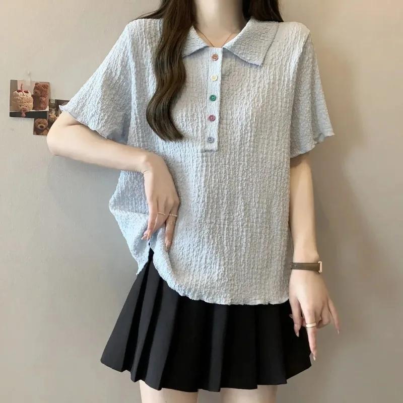 

Texture Lapel Short Sleeve T-shirt for Women College Style Solid Color Tees Loose Pullover Female s Colorful Button Tops XL синій