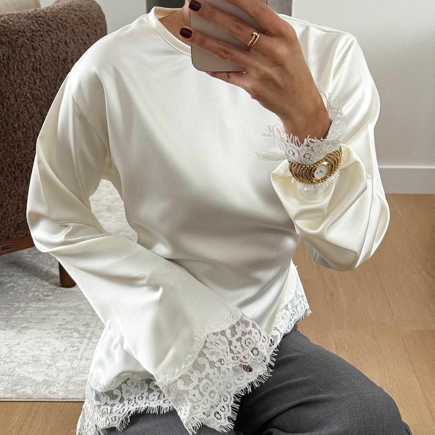 

New Stylish Casual Solid Color Shirt With European And American Lace Splicing Elegant And Fashionable For Commuting Versatile L