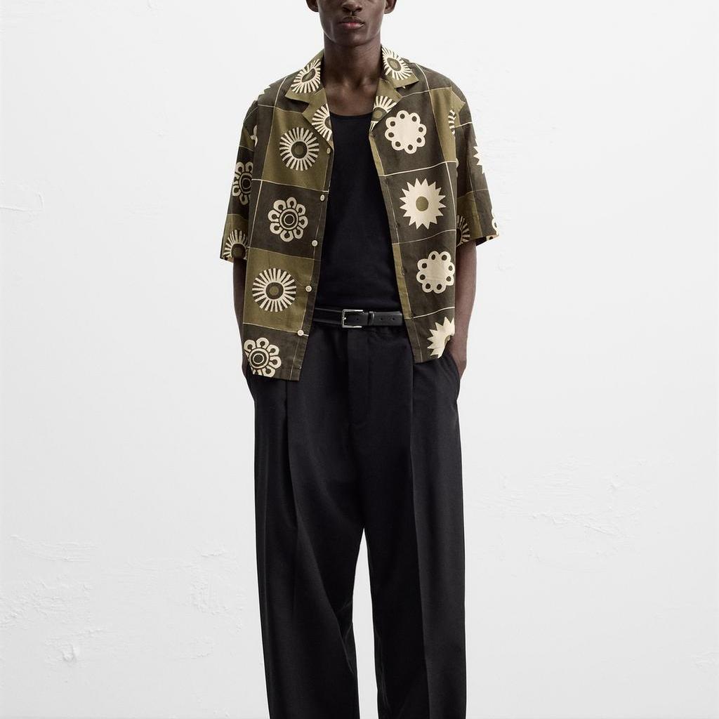 Zara Loose Cotton Sun Print Short Sleeve Shirt Men Shirts Khaki 5820820-505