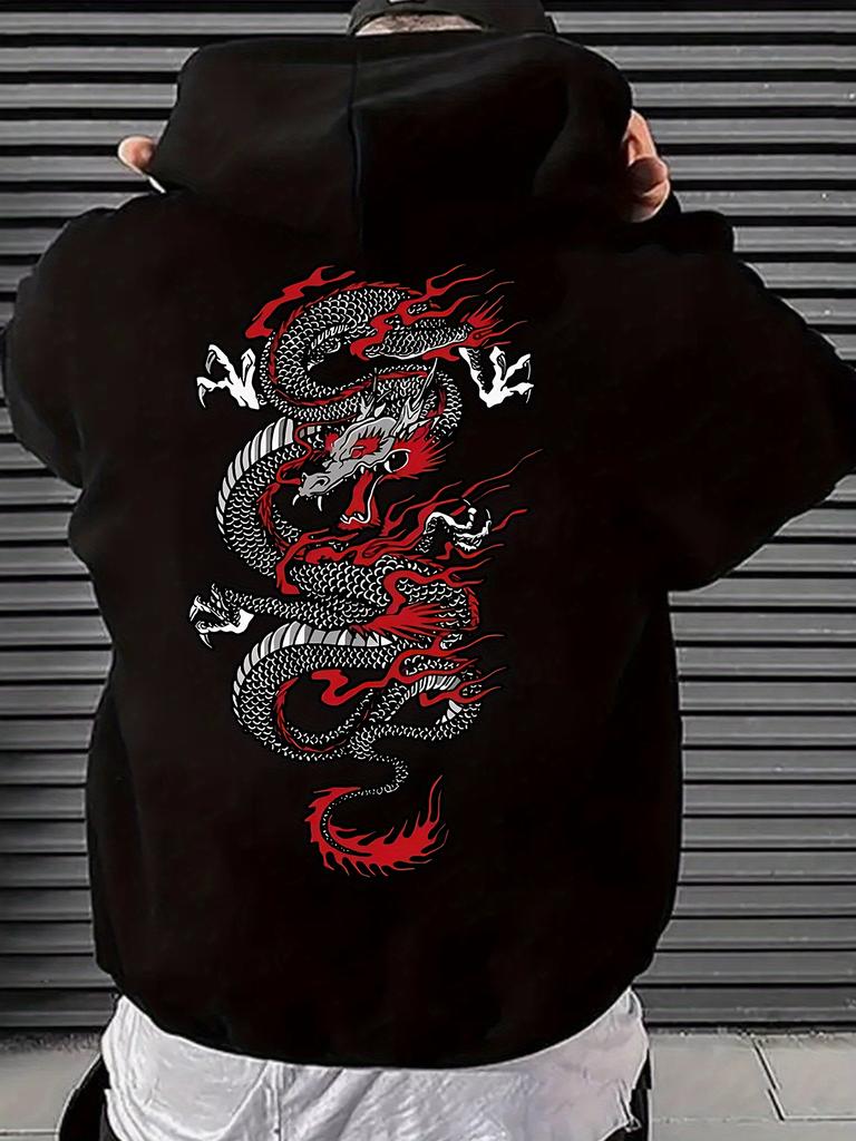 Vintage Oriental Coiled Dragon Red Fire Detail Graphic Solid Black Oversized Hoodie for Men, Hip Hop Daily Sports Streetwear Hooded Sweatshirt
