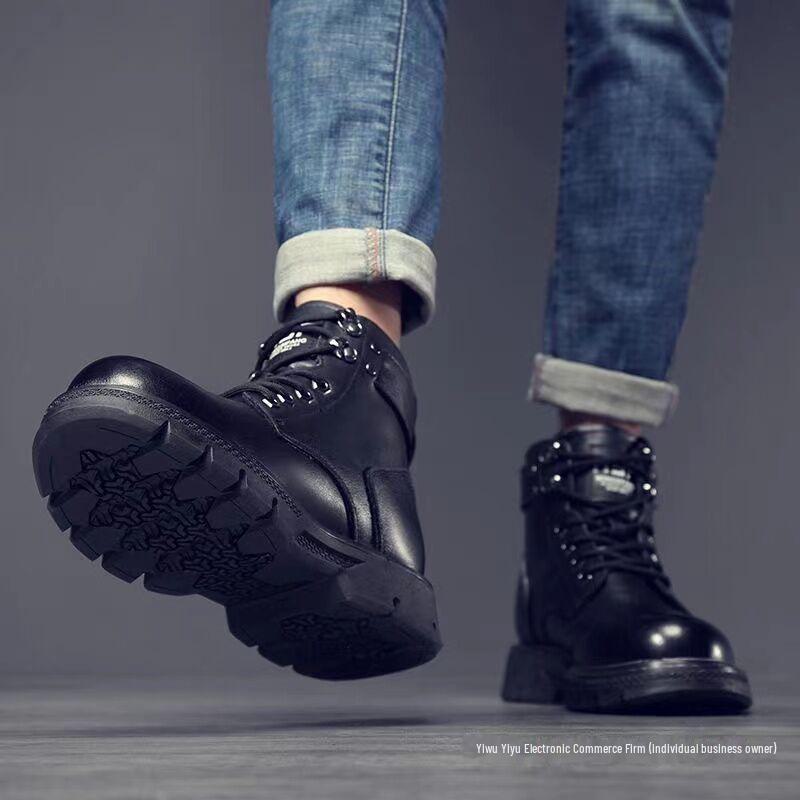 Pánské černé vysoké motocyklové kožené boty v britském stylu na jaro a podzim, pracovní obuv.