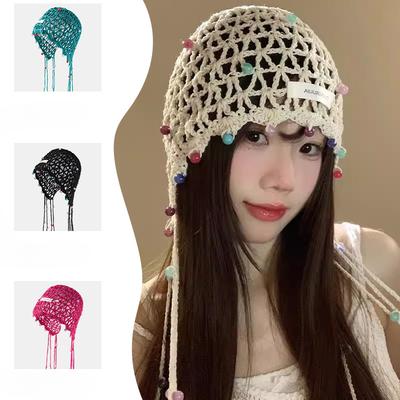 Women's Fashionable Handmade Crochet Knitted Tassel Strap Knitted Wool Hat Pullover Hat National Style Hollow Head Hat