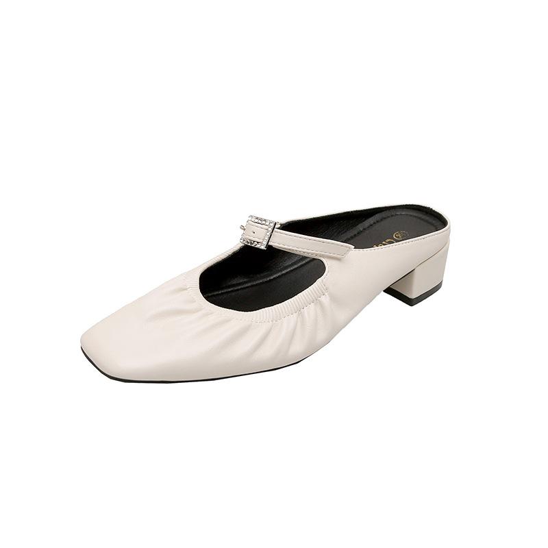 2025 summer new versatile temperament square head folds one pedal rhinestone buckle belt Muller leather half slippers