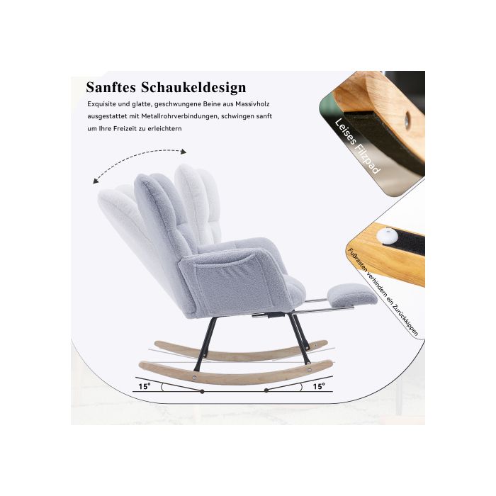 Nouveau fauteuil à bascule moderne avec rembourrage et tissu peluche, avec repose-pieds extensible, gris