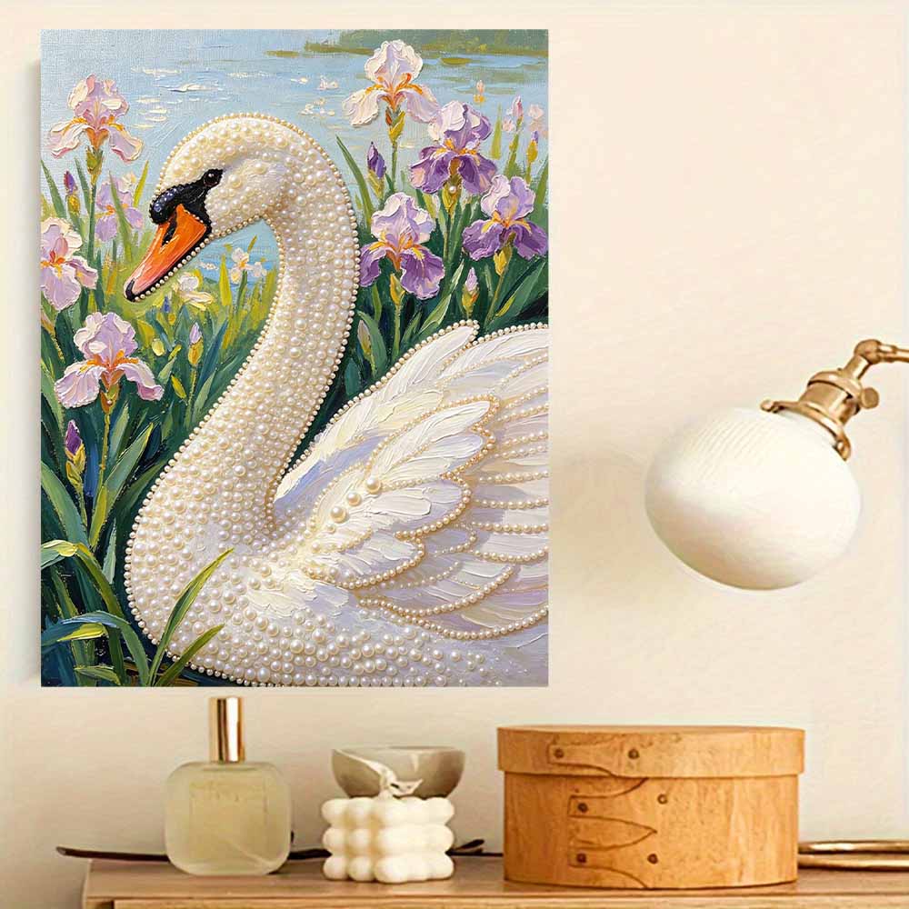 DIY Framed Pearl Painting Kit Swan and Irises 3D Sparkling Bead Art Canvas Elegant Home Wall Decor Creative Gift for Women To Relax