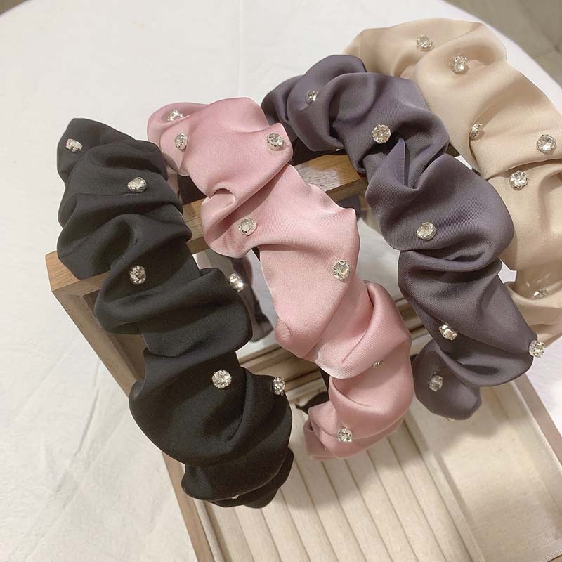 Koreanischer Schlichter Schwarzer Plissierter Haarreifen Stirnband für Damen Glänzender Strass Breites Haarband Kopfschmuck Haarschmuck