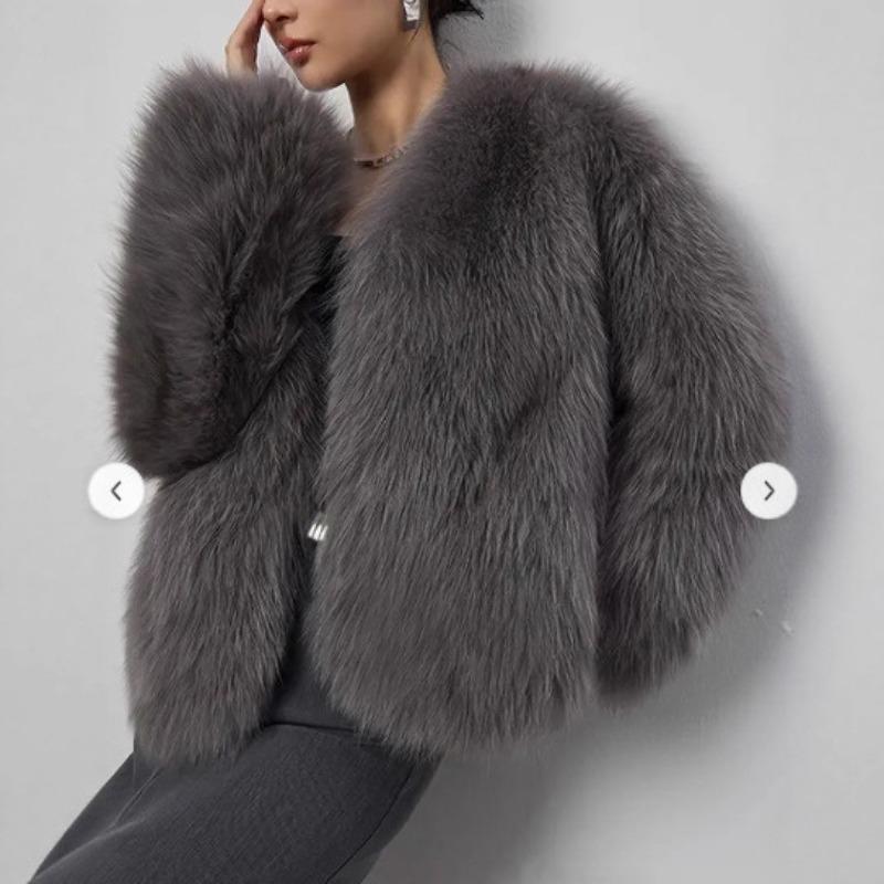 Fur V-neck faux fur jacket short fashion fox fur jacket fluffy plush women's clothing