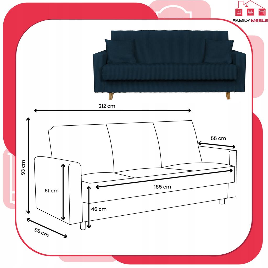 Sofa Bed Rene Sofa Bed with Storage Family Meble Corduroy Navy Blue