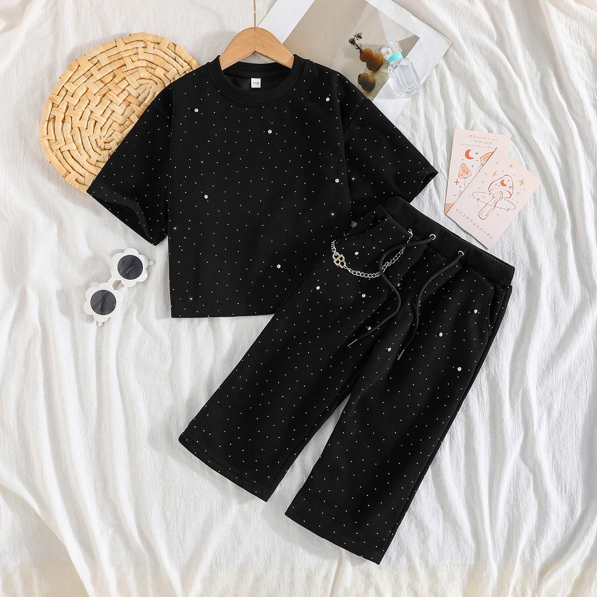 

Boys Rhinestone Short Sleeve Top & Pants 2Pcs Outfit 110 дымный черный