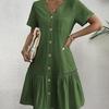 Women's V Neck Button Front Ruffle Hem Midi Dress Short Sleeve Casual Dress