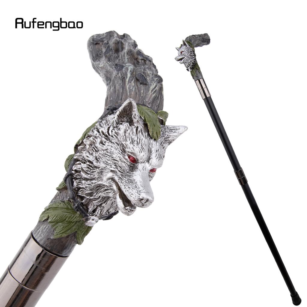 Silver Harts Varghuvud Trärot Gåkäpp Mode Dekorativ Stålstav Gentleman Elegant Cosplay Käpp Knopp Biskopsstav 93cm
