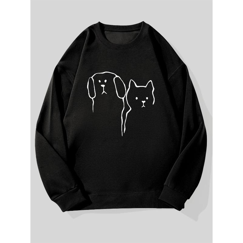 Men's Casual Crew Neck Sweatshirt with Cat and Dog Pattern