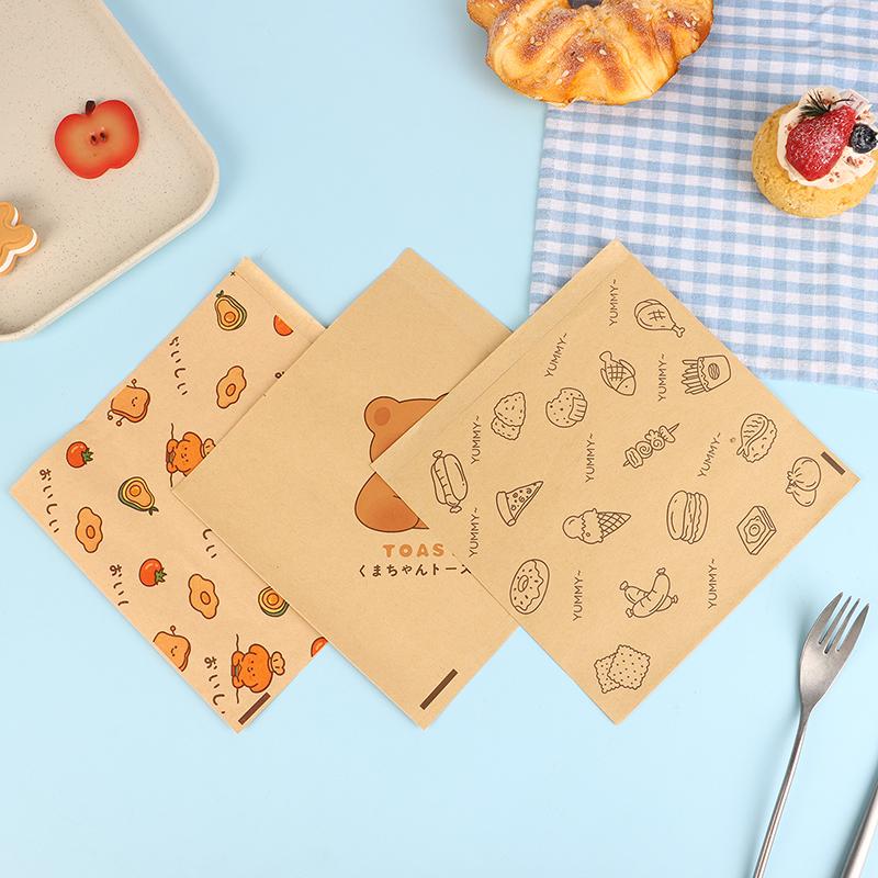 50Pcs Cute Cartoon Square Wax Paper Sandwiches Burgers Fries Fried Wrappers Bags Waxed Paper Baking Paper Food Packing Pouches