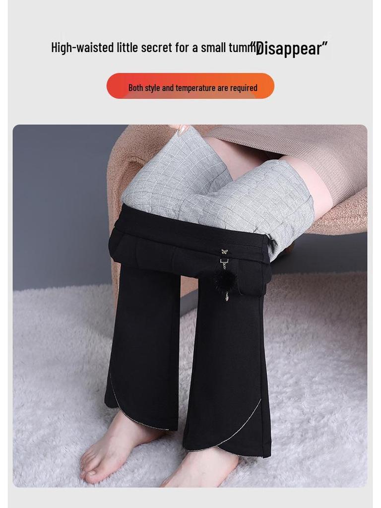 Women's Black Silk Cotton High-Waist Winter Pants - Slimming, Warm, Thickened, Korean-Style, Versatile, Stylish, Slightly Flared.