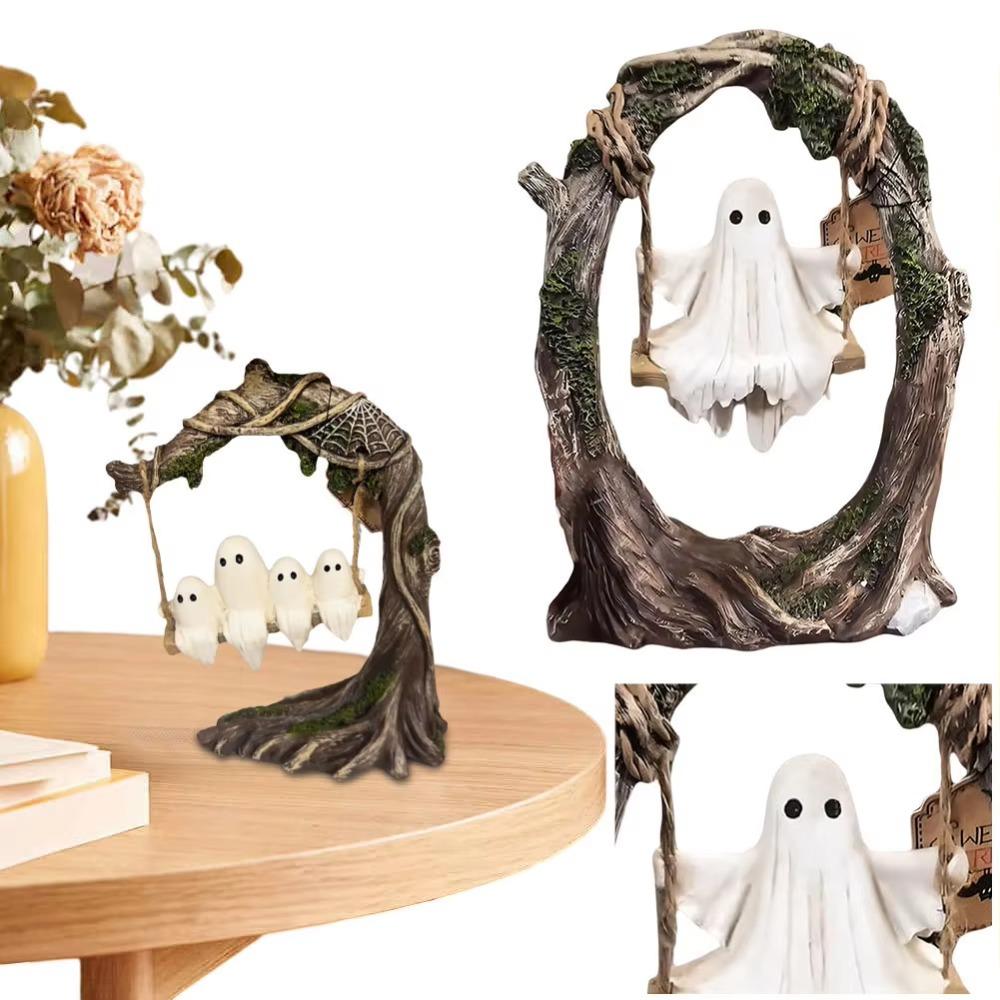 High-Quality Spooky Halloween Ghost on Tree Swing Cute Handcrafted Halloween Ornament Resin Funny Ghost Decor Halloween Party