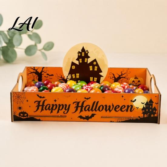 Castle Pattern Dish Halloween Witch Decorative Wood Serving Tray with Handle Ghost Pumpkin Seasonal Display Stand Trick or Treat Dessert for
