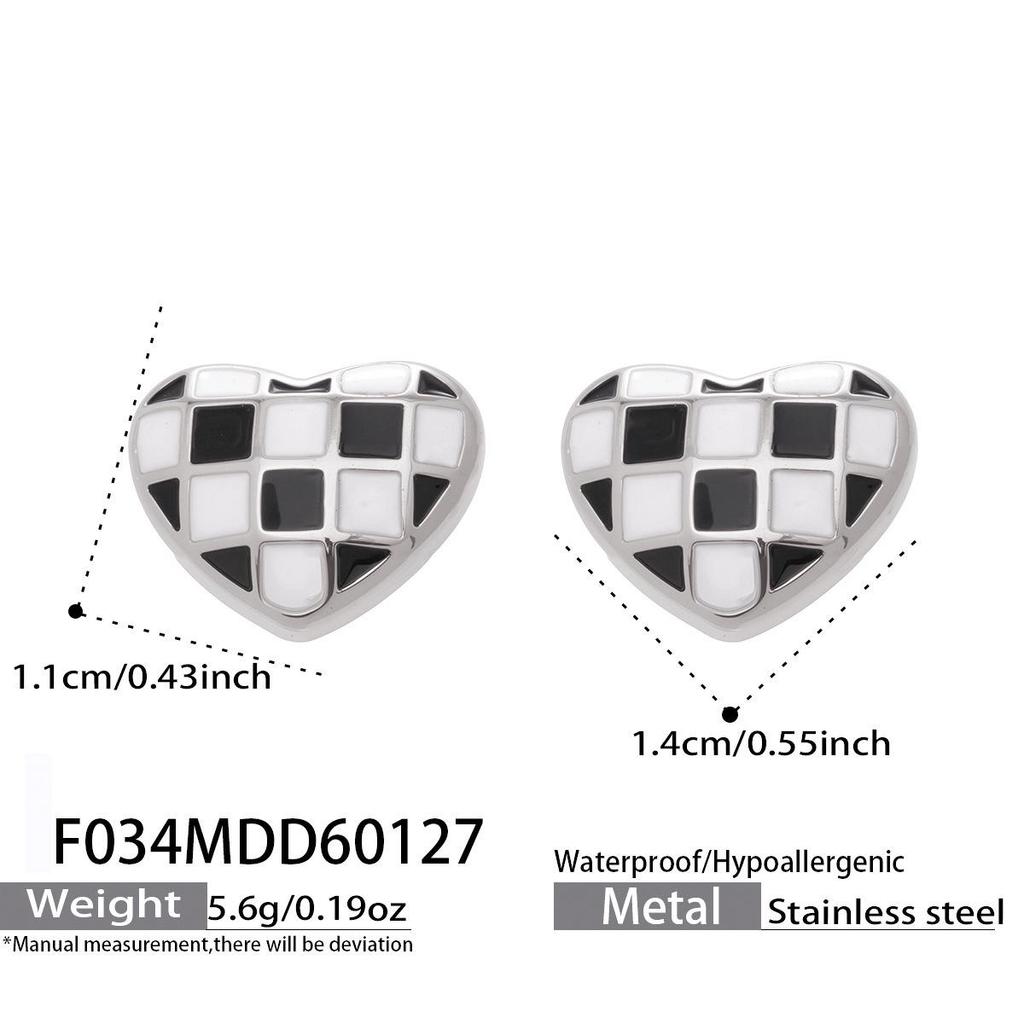 Checkerboard Heart Enamel Stud Earrings - European & American Fashion, Stainless Steel