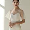 Pearl Beaded Sheer Tulle Cape Shrug, Round Neck Front Pearl Clasp Short Flare Sleeve Mesh Cover Up for Strapless Wedding Bridal Evening Gown