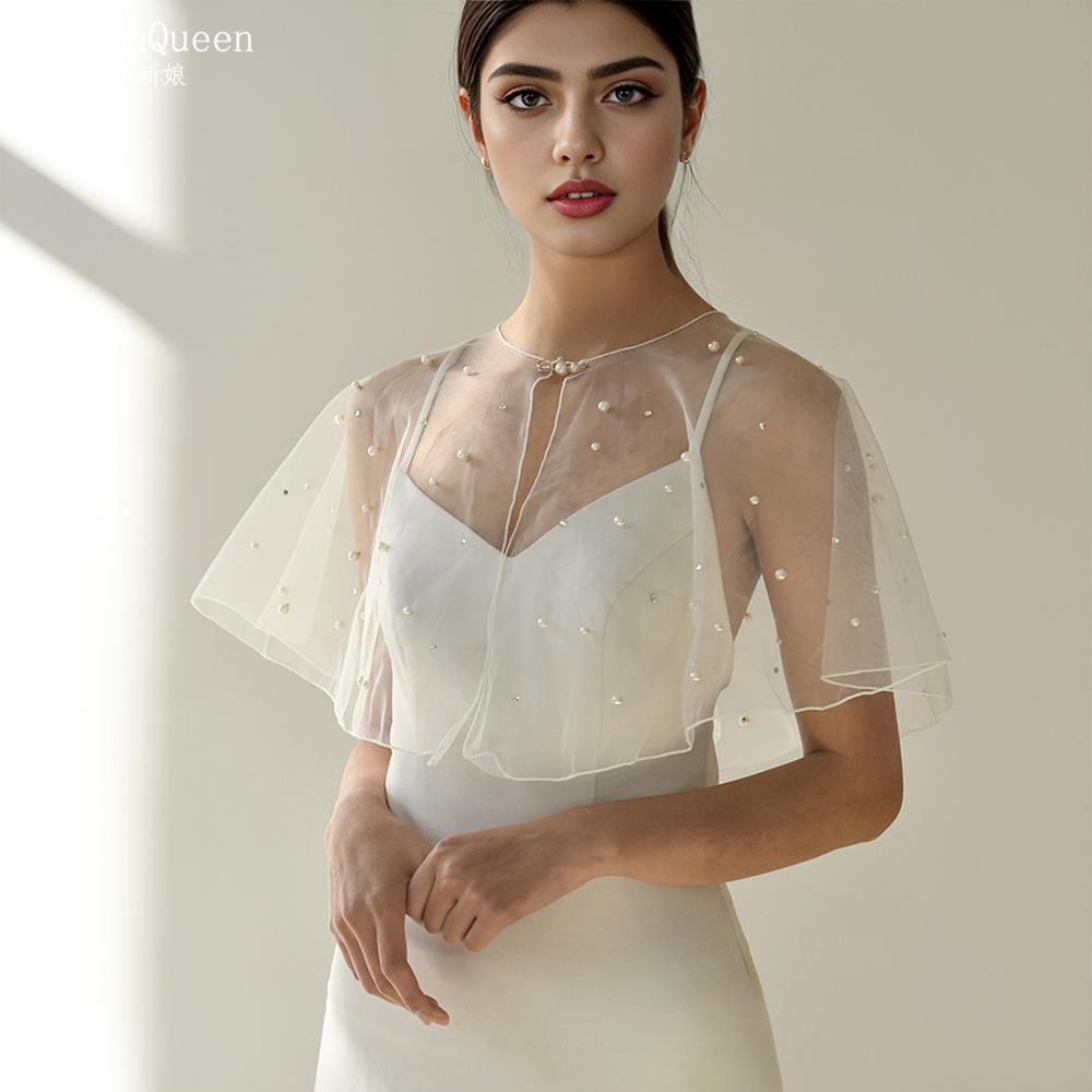 Pearl Beaded Sheer Tulle Cape Shrug, Round Neck Front Pearl Clasp Short Flare Sleeve Mesh Cover Up for Strapless Wedding Bridal Evening Gown