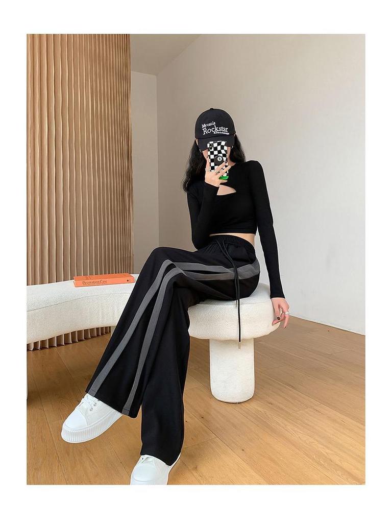 New Arrival Women's Black Side Stripe Patchwork Straight Leg Wide Pants – Trendy, Versatile, and Casual for Spring and Summer