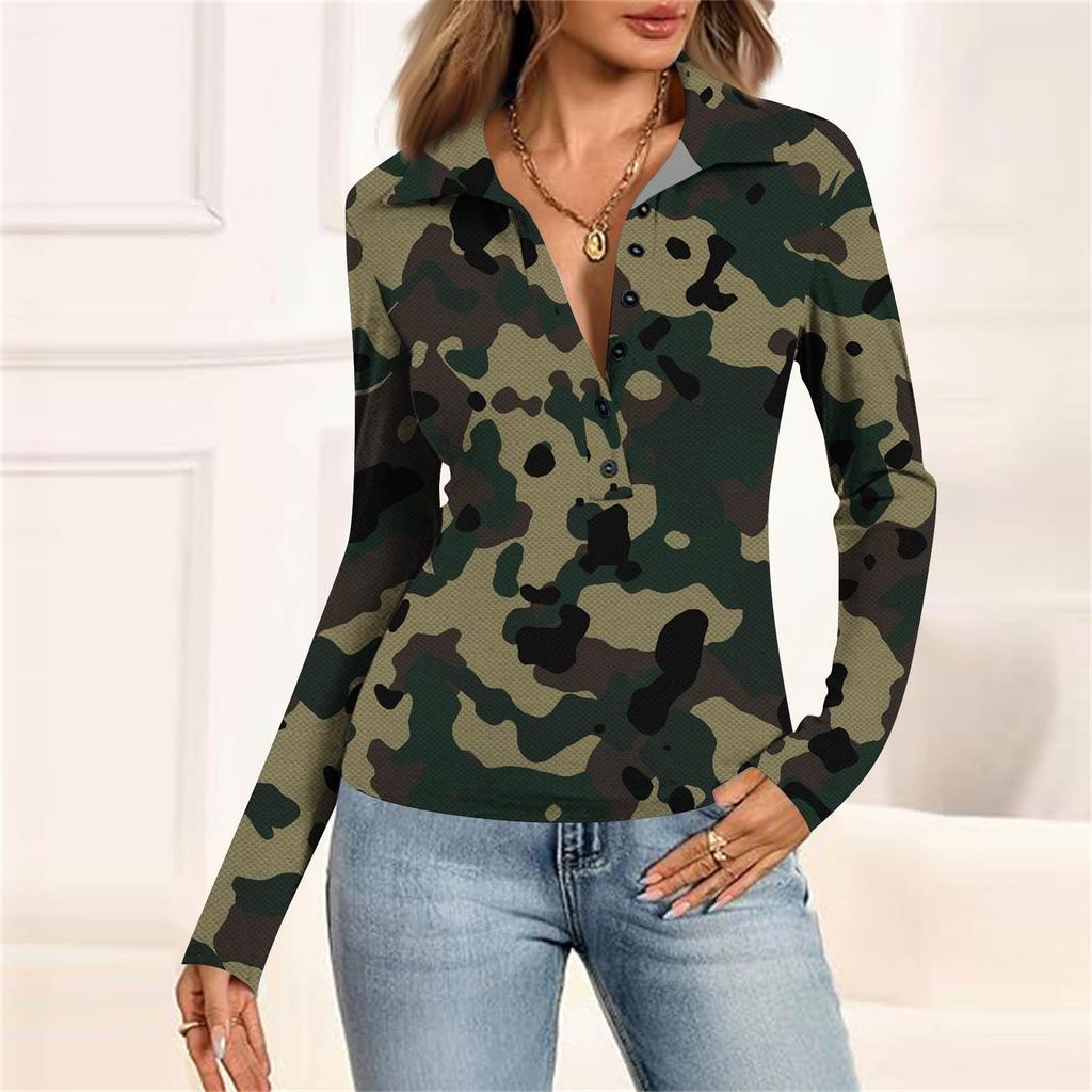 Haut Décontracté Imprimé à Manches Longues et Col en V Boutonné pour Femme
