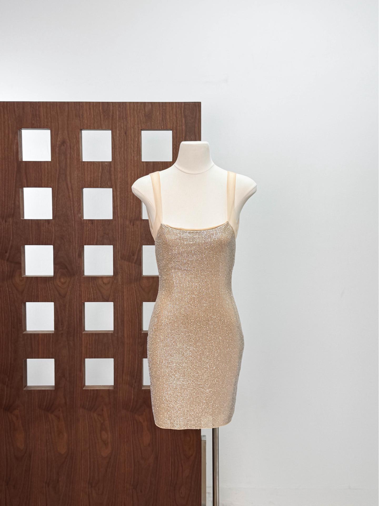 Elegant 25 Rhinestone Strappy Backless French High-End Short Evening Dress for Parties Large абрикосовый