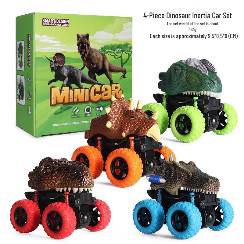 Inertial Pull-Back Off-Road Dinosaur & Animal Toy Car Set: T-Rex, Triceratops, Tiger, Leopard