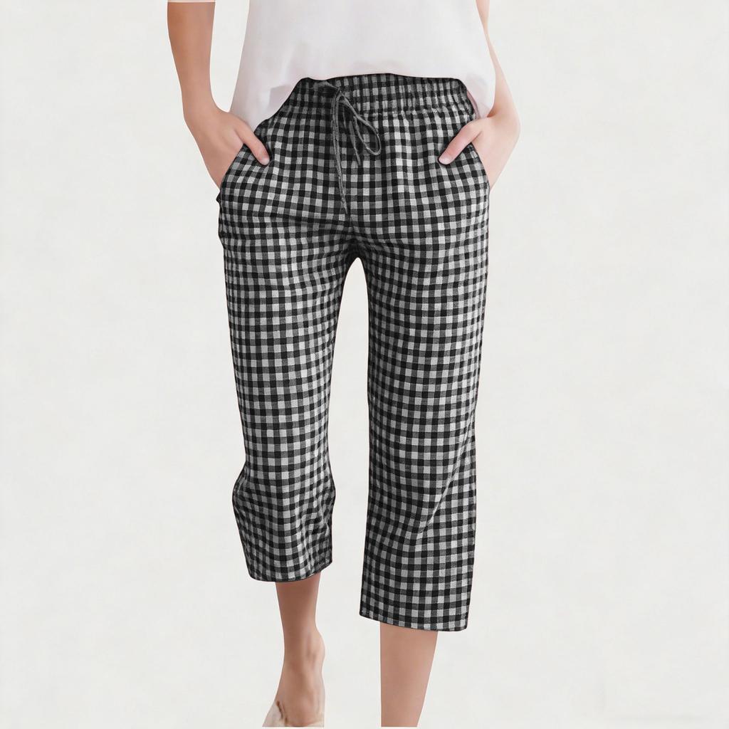 Children's Fashionable And Cute Checkered Elastic Waist Pocket Casual Girls' Cropped Pants
