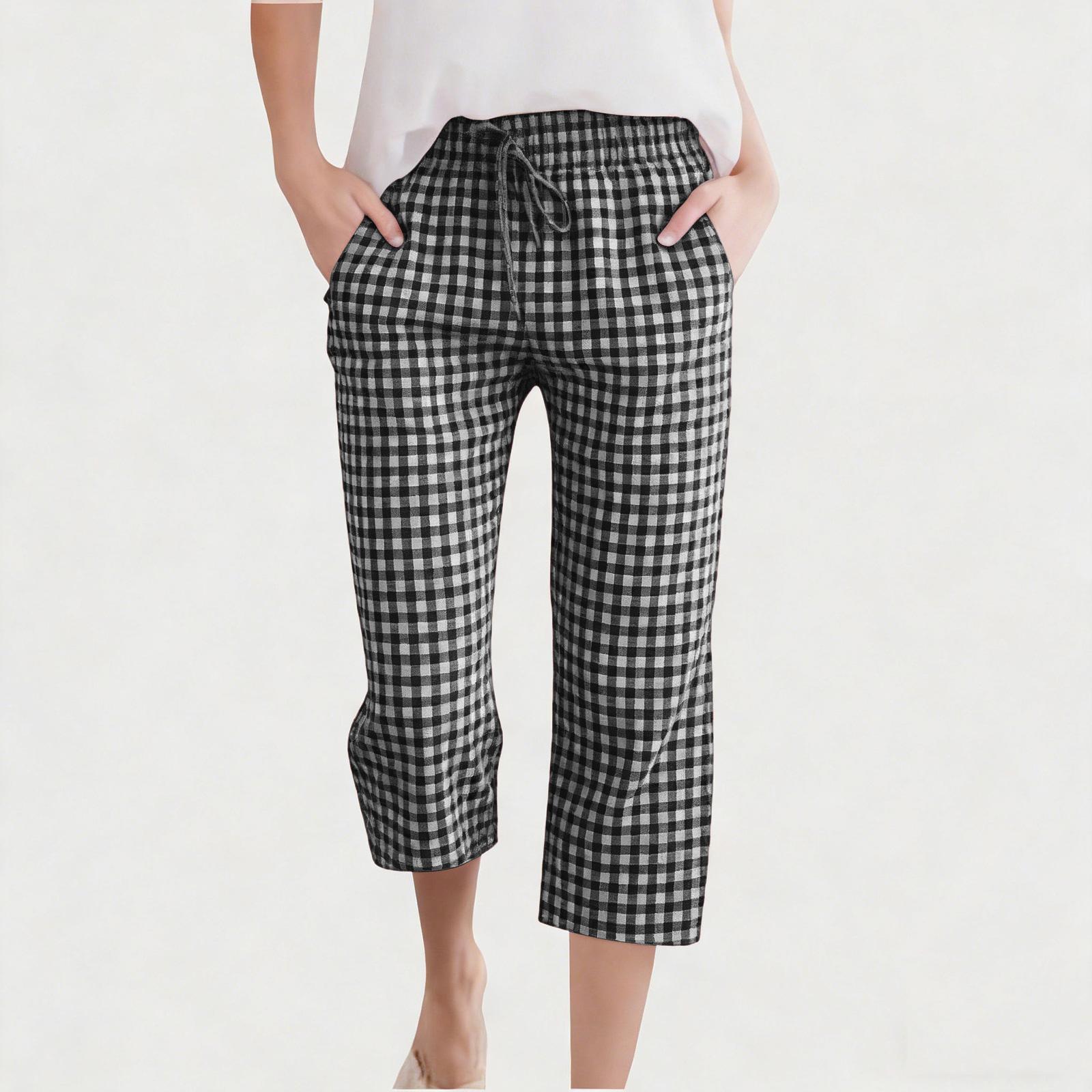 

Children s Fashionable And Cute Checkered Elastic Waist Pocket Casual Girls Cropped Pants 110 чёрный