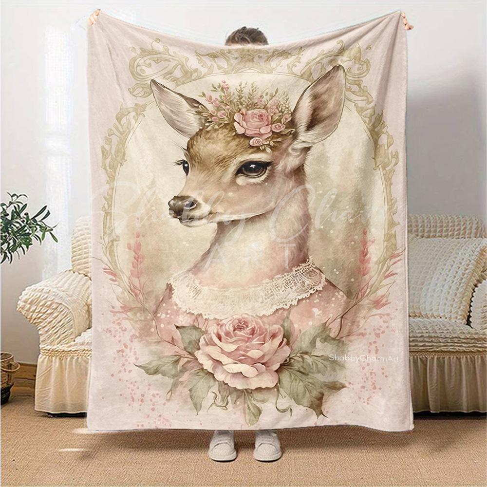 1 Stück Hirsch, Blumen Decke Leichte Flanell Überwurfdecke für Sofa Bett Reise Camping Wohnzimmer Büro Couch Stuhl