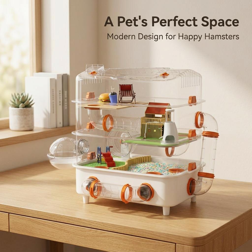 Large Hamster Cage 2 Tiers, Acrylic with Accessories, DIY Customizable Habitat for