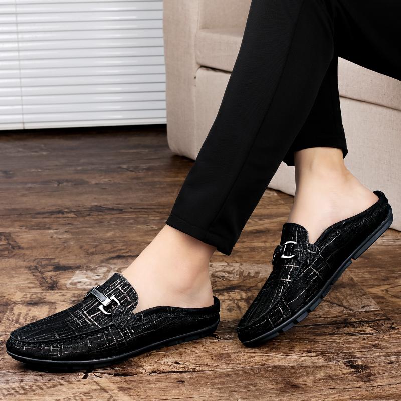 Fashion Summer Half Slippers Fashion Driving Shoes Men Shoes Genuine Leather Formal Loafers Slip on Shoes Metal Half Drag Cowhide Shoes