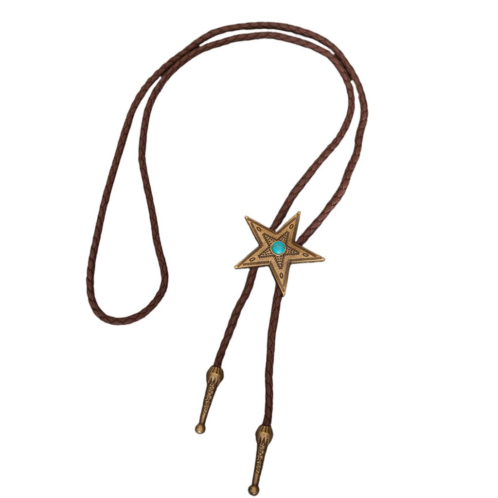 Men's Rodeos Bolo Tie with Metal Star and Turquoises Leather Cord Necktie Adjustable Chain Necklace for Western Fashion