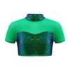 Girls Shiny Sequins Adorned Mock Neckline Short Sleeve Mesh Patchwork Crop Top Cutout Back Dance Top